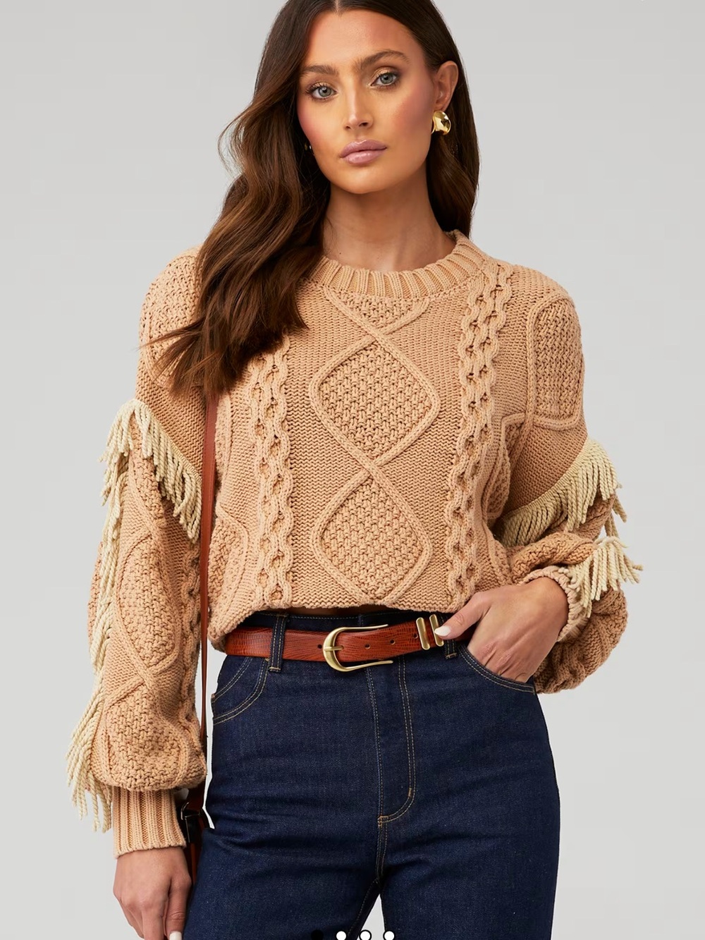 Line & Dot Beige Fringe Cable Knit Crew Sweater